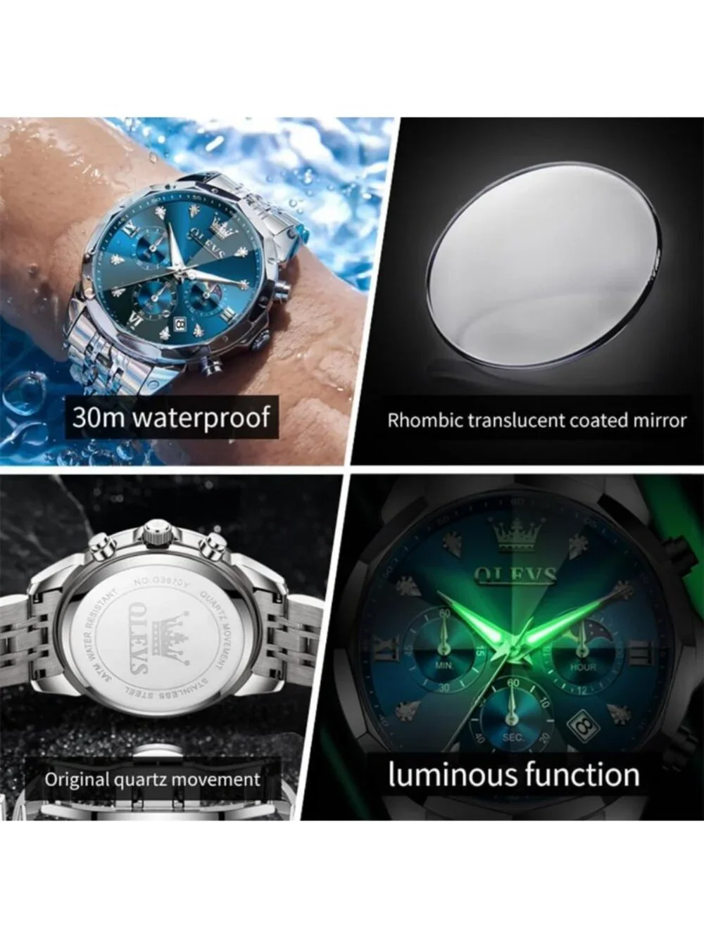 Luxury Stainless Steel Men's Watch - Diamond Chronograph, Multifunction, Date